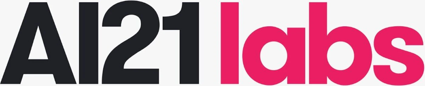 (Logo) A typographic logo displaying the brand name "AI21 labs" in a bold, sans-serif font, utilizing dark grey for the first part and bright pink for the second part. Text: AI21 labs Colors: #212121, #e5396b, #f0f0f0 Note: This image is a highly stylized wordmark, using specific colors and typography to represent a brand identity, which defines it as a logo.