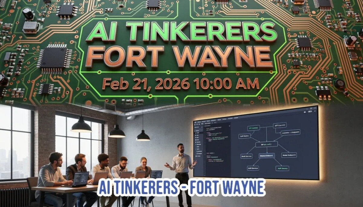 A promotional banner for the 'AI Tinkerers Fort Wayne' group, featuring event details overlaid on a green circuit board graphic above a photo of attendees and a presenter in a modern meeting room.. Text: AI TINKERERS FORT WAYNE Feb 21, 2026 10:00 AM AI TINKERERS - FORT WAYNE
