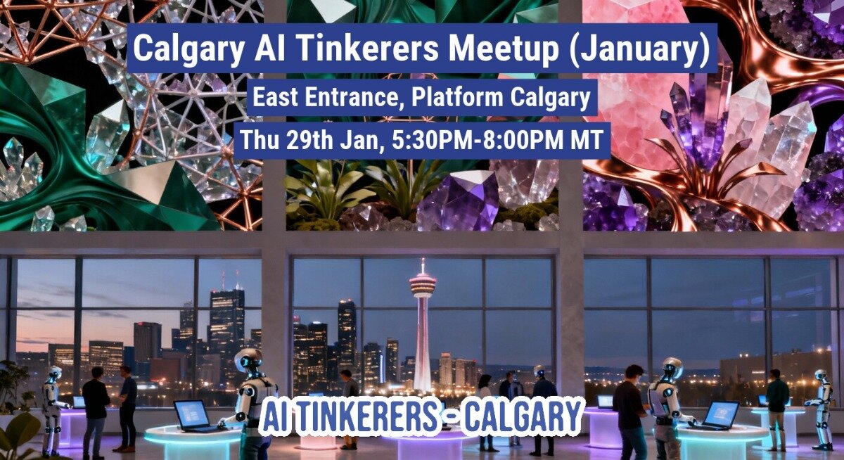 A promotional banner for the 'Calgary AI Tinkerers Meetup (January),' featuring event details overlaid on a composite background of vibrant, abstract crystals and a futuristic interior scene overlooking the Calgary cityscape at dusk, populated by people and humanoid robots.. Text: Calgary AI Tinkerers Meetup (January)
East Entrance, Platform Calgary
Thu 29th Jan, 5:30PM-8:00PM MT
AI TINKERERS - CALGARY
