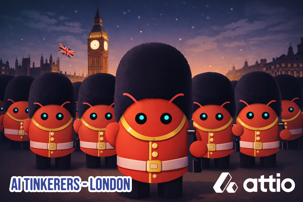 A digital illustration featuring a group of red, robot-like characters dressed as British King's Guards standing in front of Big Ben and the Houses of Parliament in London at dusk.. Text: AI TINKERERS - LONDON attio