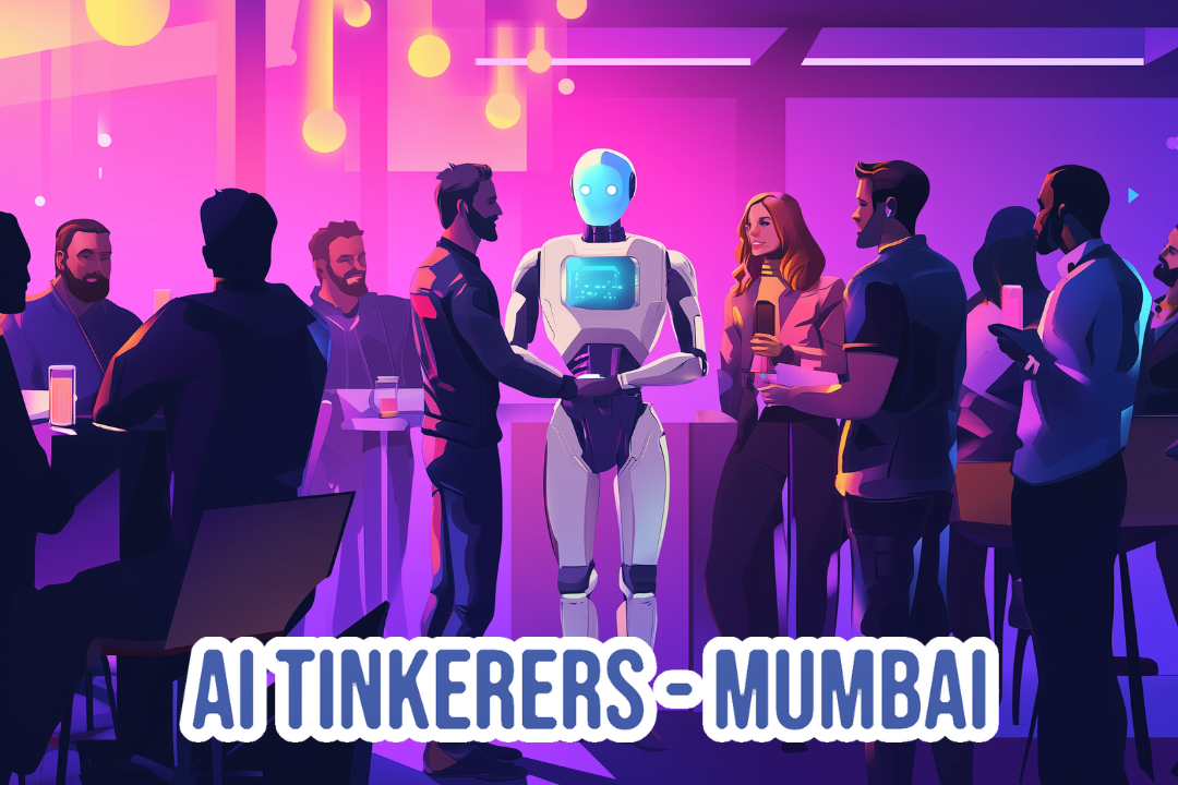 An illustration of people interacting with a robot at a social gathering, possibly a bar or networking event.. Text: AI TINKERERS - MUMBAI