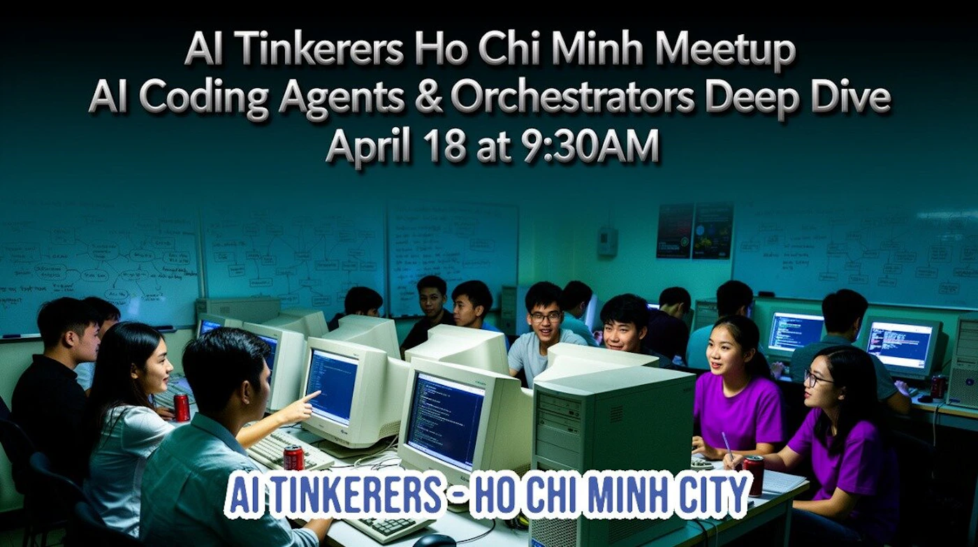 (Banner) A promotional banner for an AI Tinkerers meetup in Ho Chi Minh City, featuring a group of people working with vintage computers in a lab setting. Text: AI Tinkerers Ho Chi Minh Meetup AI Coding Agents & Orchestrators Deep Dive April 18 at 9:30AM AI TINKERERS - HO CHI MINH CITY Modern typography over a retro-themed, color-graded photograph. | Colors: #000000, #FFFFFF, #007A7C Note: The image is a digital graphic combining text overlays with a thematic background image to advertise a specific event.
