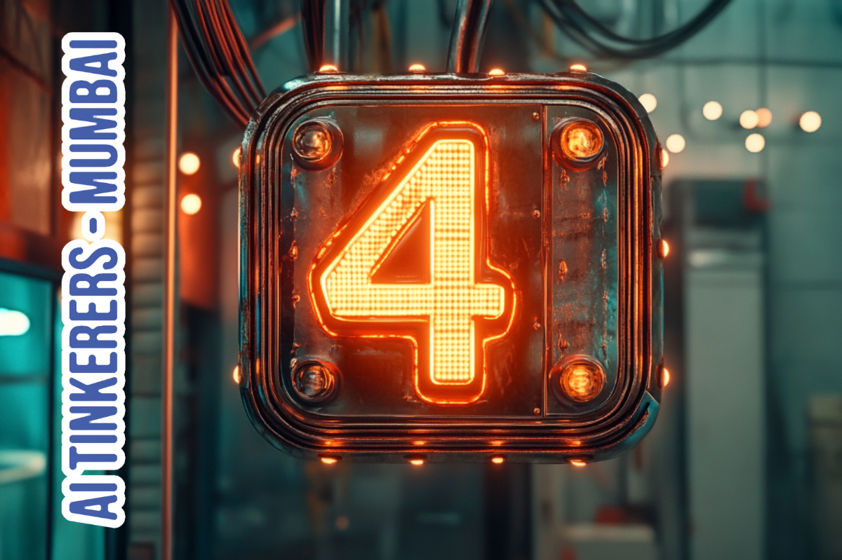 The image features a stylized metallic sign with a glowing number '4' inside. The sign is set against a blurred background with visible wiring and lights.. Text: AI TINKERERS - MUMBAI