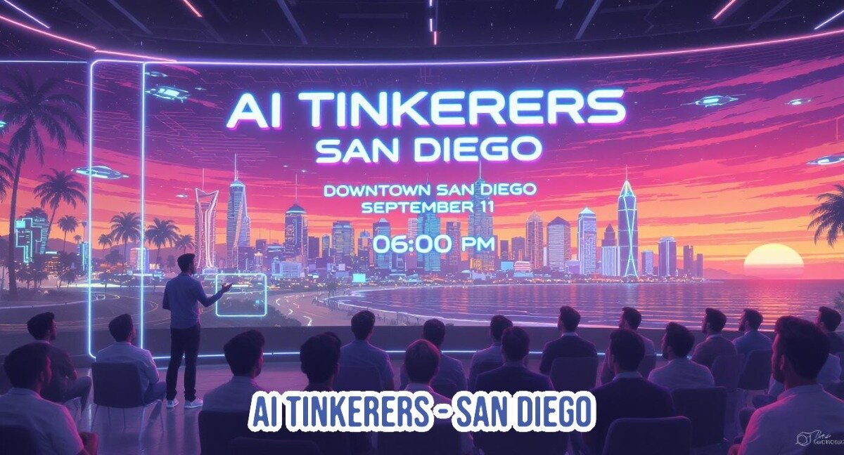 A vibrant, stylized digital illustration depicting a futuristic conference or event. An audience is seated, facing a large screen that displays event details against a neon-lit cityscape with palm trees, a body of water, a sunset, and flying vehicles.. Text: AI TINKERERS
SAN DIEGO
DOWNTOWN SAN DIEGO
SEPTEMBER 11
06:00 PM
AI TINKERERS-SAN DIEGO