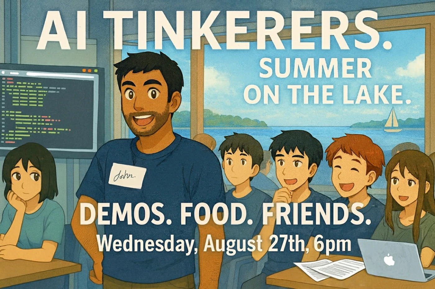 (Banner) A promotional banner featuring a digital illustration of a diverse group of people, likely students and an instructor, gathered in a room with a large window overlooking a lake. The banner advertises an event called 'AI Tinkerers'. Text: AI TINKERERS. SUMMER ON THE LAKE. DEMOS. FOOD. FRIENDS. Wednesday, August 27th, 6pm John. The illustration has a clean, somewhat anime-inspired or cartoonish art style with distinct outlines and a slightly textured, muted color palette. | Colors: #F0F0EE, #6BB3E3, #3A6B8F, #9C6644, #A88660 Note: The image is designed with prominent text overlaid on an illustrative background to advertise an event, which is characteristic of a banner or promotional poster.