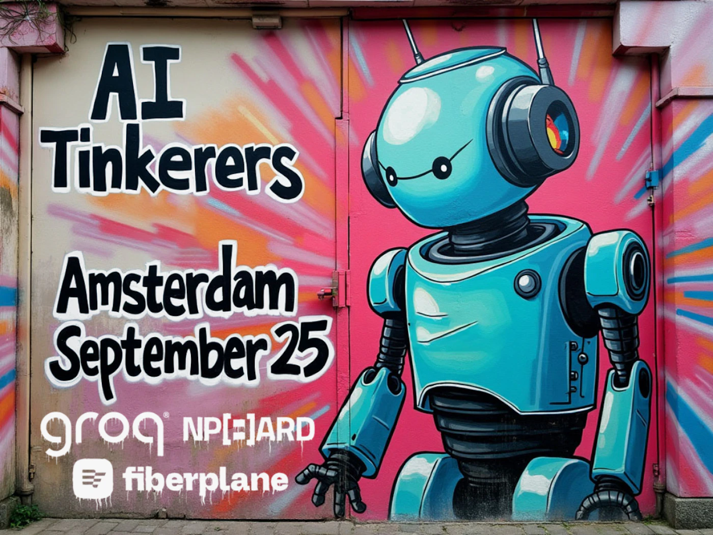 (Banner) A mural advertisement for an AI Tinkerers event in Amsterdam on September 25th, featuring a cartoon robot. Text: AI Tinkerers Amsterdam September 25 groo NPi=JARD fiberplane bold, colorful, cartoonish | Colors: #ff69b4, #ffa500, #40e0d0 Note: The image clearly promotes an event with text providing details like location, date, and sponsors. The overall composition resembles a promotional banner.