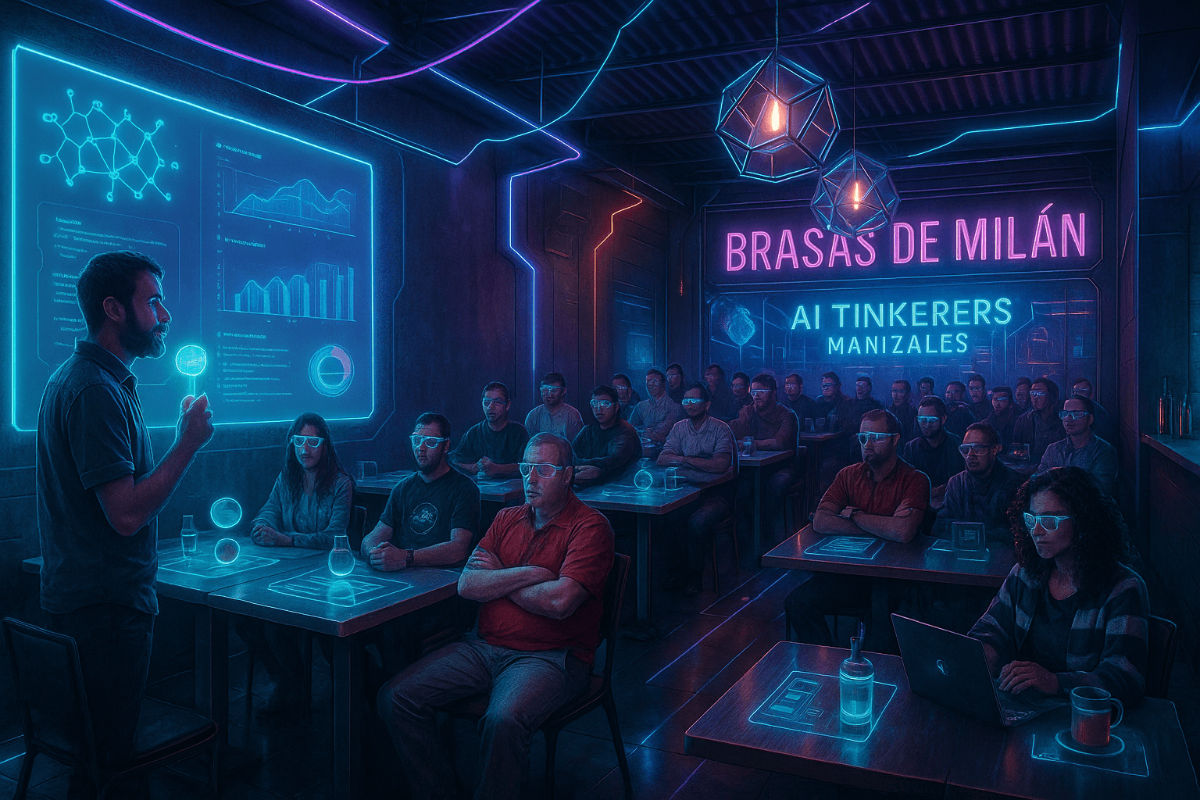 An illustration depicting a futuristic presentation or lecture in a dimly lit room, illuminated by vibrant neon lights. A speaker presents in front of a large holographic screen displaying data visualizations, while an audience, many wearing glowing glasses, observes.. Text: BRASAS DE MILÁN
AI TINKERERS
MANIZALES
[unreadable]