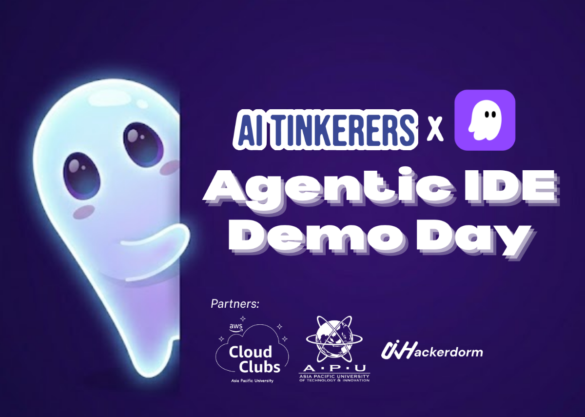 A promotional banner for an event titled 'Agentic IDE Demo Day' featuring a cute, glowing ghost character on a dark purple background.. Text: AI TINKERERS x Agentic IDE Demo Day Partners: aws Cloud Clubs Asia Pacific University A.P.U ASIA PACIFIC UNIVERSITY OF TECHNOLOGY & INNOVATION Hackerdorm