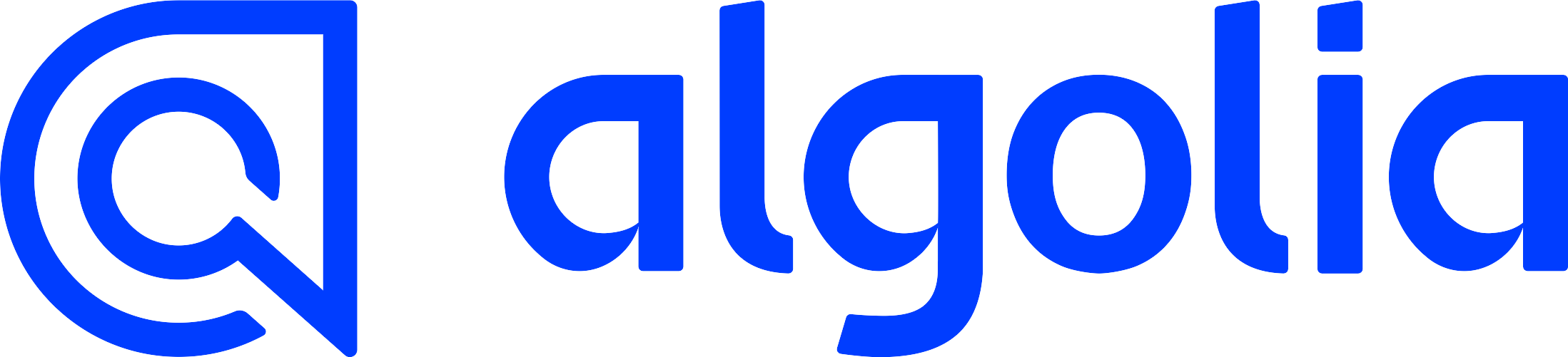 (Logo) A blue logo featuring a stylized 'a' symbol next to the word 'algolia' in a sans-serif font, all set against a white background. Text: algolia Colors: #0042ff, #ffffff Note: The image clearly presents a company name alongside a distinct graphic symbol, designed for brand identification and recognition, which are key characteristics of a logo.