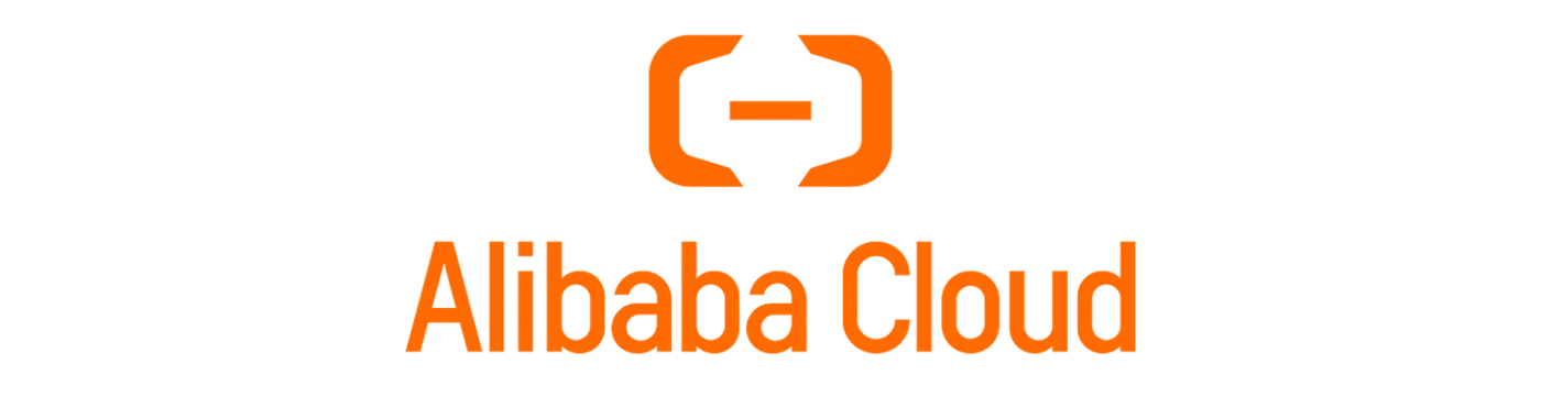 (Logo) The image displays the Alibaba Cloud logo, featuring an abstract orange symbol positioned above the company name 'Alibaba Cloud' against a solid black background. Text: Alibaba Cloud Colors: #FF7700, #000000 Note: The image is clearly a brand identifier, combining a distinctive graphic symbol with a company name. This design is specifically created to represent a brand, fitting the definition of a logo.