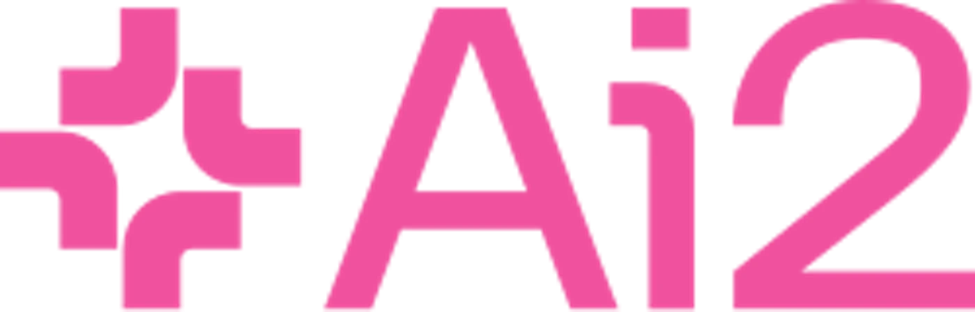(Logo) A logo featuring a bright pink geometric symbol followed by the stylized text 'Ai2', set against a solid black background. Text: Ai2 Colors: #e8489c, #000000 Note: The image is a combination of a distinct graphic mark and stylized text, clearly designed for brand identification, fitting the criteria for a logo.