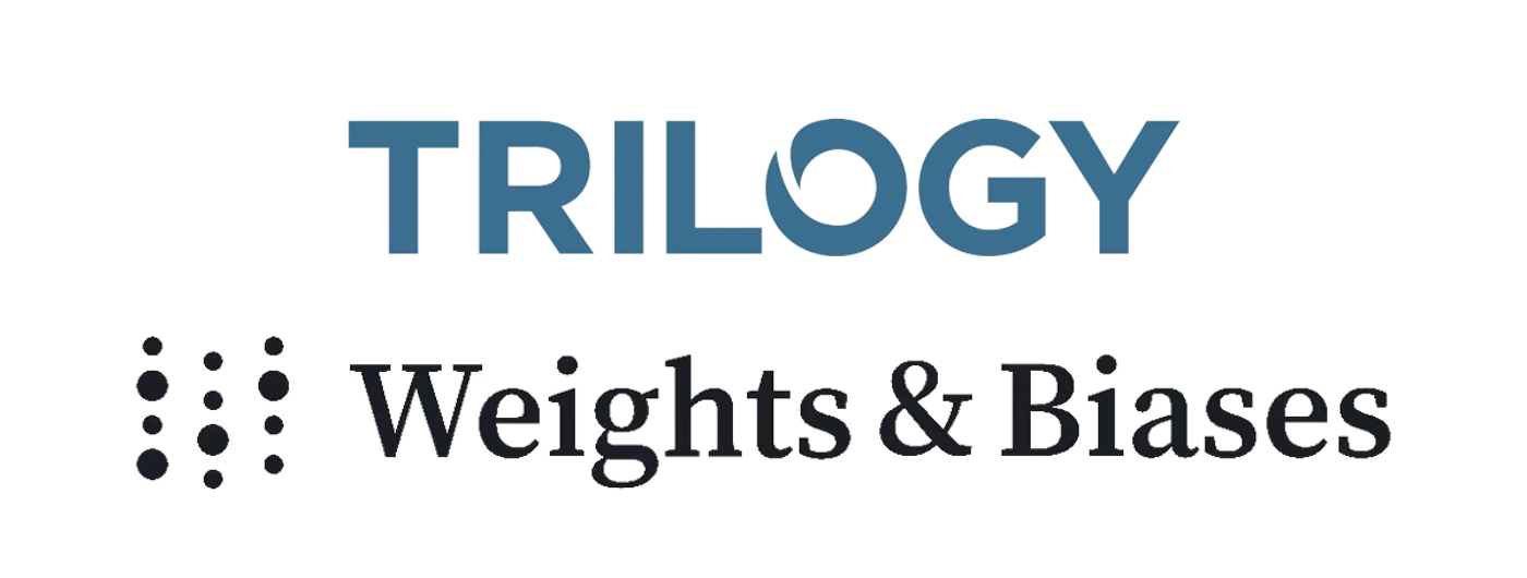 (Logo) A logo featuring the word 'TRILOGY' in a muted blue above the phrase 'Weights & Biases' in dark grey, accompanied by a graphic of scattered dark grey circles to the left of 'Weights & Biases'. Text: TRILOGY Weights & Biases Colors: #366D8C, #2D2D2D Note: The image combines stylized text with a distinct graphic element, designed to represent a brand or product, which is characteristic of a logo.