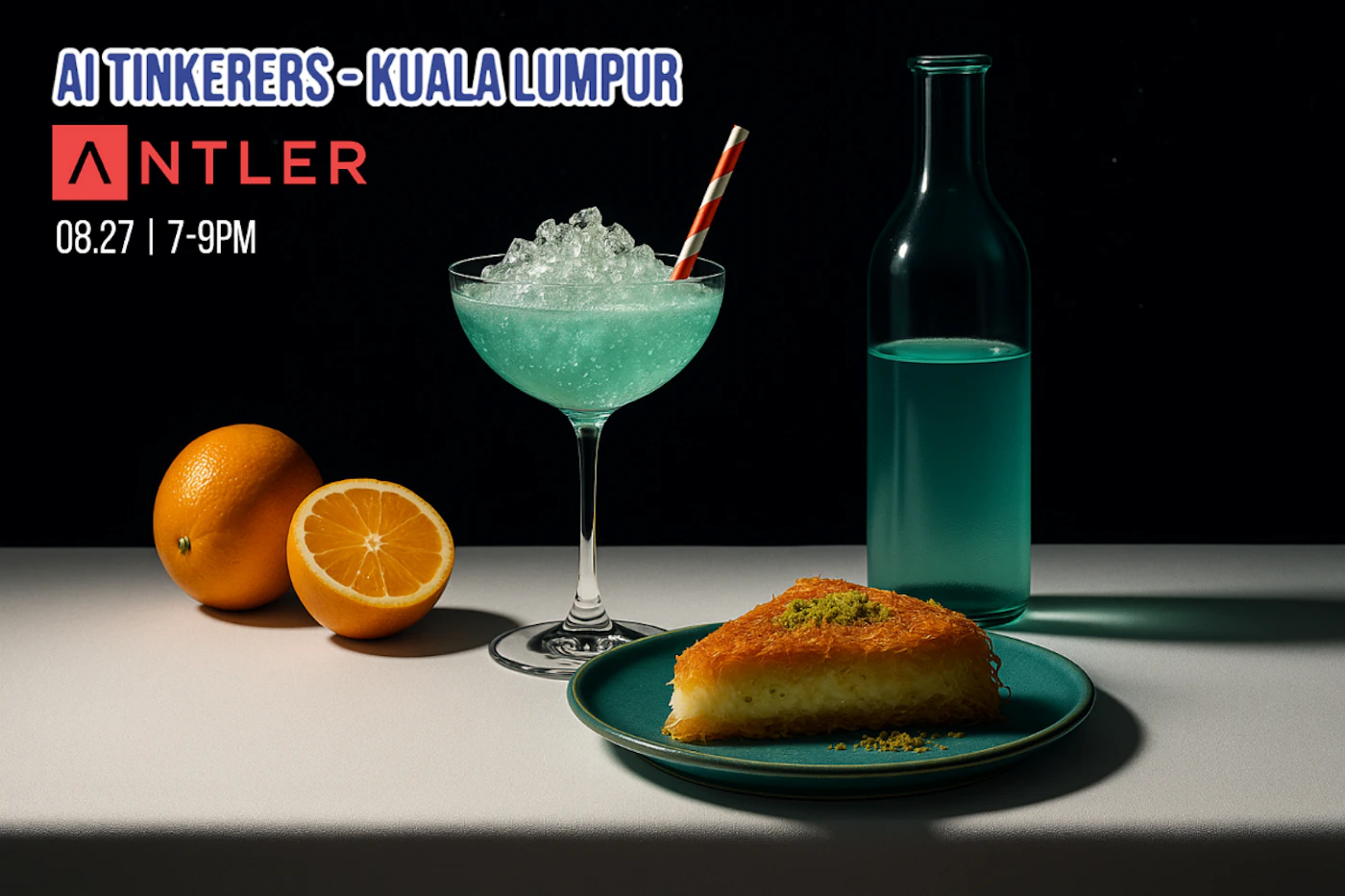 (Banner) A promotional image featuring a still life arrangement of a light blue cocktail with crushed ice, a matching bottle, two oranges (one halved), and a piece of dessert on a teal plate, all set on a light surface against a dark background. Overlaid text in the top left corner advertises an event. Text: AI TINKERERS - KUALA LUMPUR ANTLER 08.27 | 7-9PM Modern, sleek, high-contrast, utilizing professional product photography with clear typography. | Colors: #000000, #E0E0E0, #51B9B5, #F59E0B, #E03A3E, #6699FF Note: The image combines a high-quality photograph with overlaid text and a logo to advertise an event, which is characteristic of a banner or promotional material designed to convey information and visual appeal.