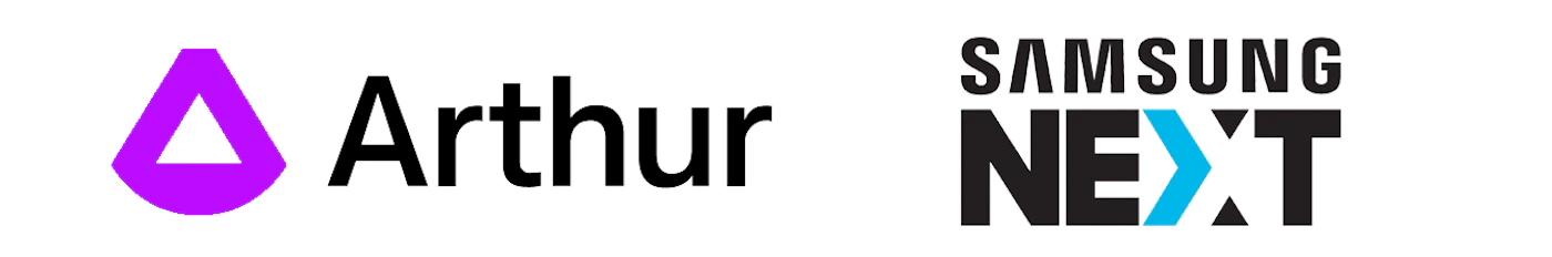 (Logo) The image displays two distinct brand logos presented side-by-side on a white background. The left logo features a stylized purple geometric shape next to the word 'Arthur', while the right logo shows 'SAMSUNG' above 'NEXT', where the 'X' in 'NEXT' is replaced by a light blue chevron. Text: Arthur SAMSUNG NEXT Colors: #FFFFFF, #000000, #8000FF, #00AEEF Note: The image consists of stylized text and graphic elements specifically designed to represent brands, which is characteristic of a logo. There are two distinct logos presented.