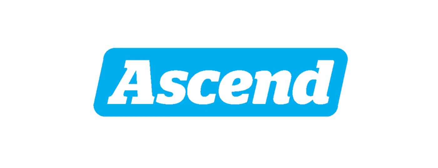 (Logo) A logo featuring the word 'Ascend' in white, bold, slightly italicized text, set within a bright blue rounded rectangular shape. The logo is displayed on a plain white background. Text: Ascend Colors: #FFFFFF, #00AEEF Note: The image clearly presents a stylized name ('Ascend') within a distinct graphic element (a rounded blue rectangle), which is characteristic of a wordmark logo designed for brand identification.