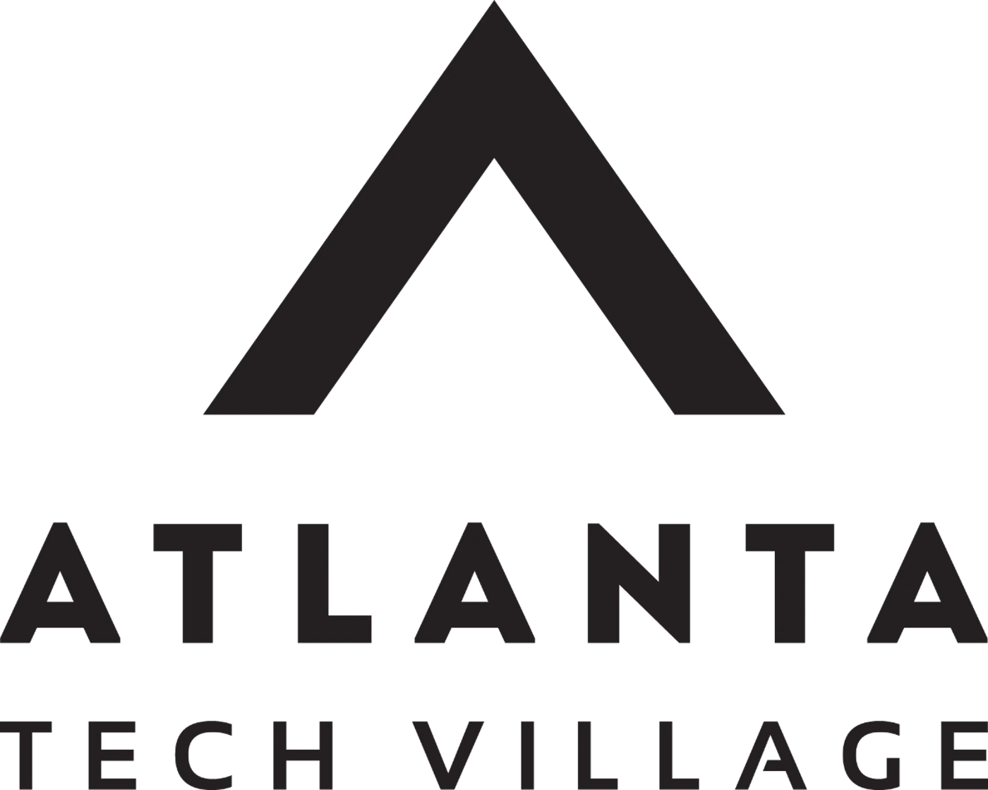 (Logo) A logo featuring a dark gray upward-pointing triangular graphic above the words "ATLANTA" and "TECH VILLAGE" in a sans-serif font, all set against a solid black background. Text: ATLANTA TECH VILLAGE Colors: #3C3C3C, #000000 Note: This image is a distinct graphic combined with text, designed to represent a specific organization or brand, which aligns with the definition of a logo.
