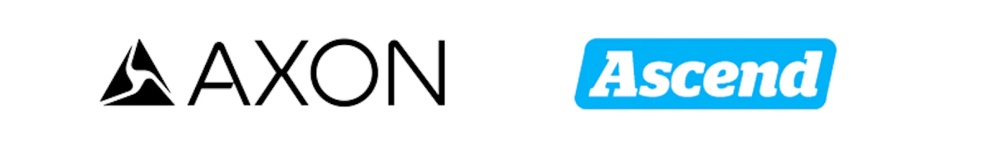 (Logo) The image displays two distinct brand logos side-by-side on a plain white background. The first logo features a black triangular graphic next to the word 'AXON', and the second shows the word 'Ascend' in white text on a bright blue rounded rectangular background. Text: AXON Ascend Colors: #000000, #FFFFFF, #00A0E3 Note: The image clearly presents two distinct graphical representations of company or product names, designed for brand identification and recognition, which is the primary function of a logo.