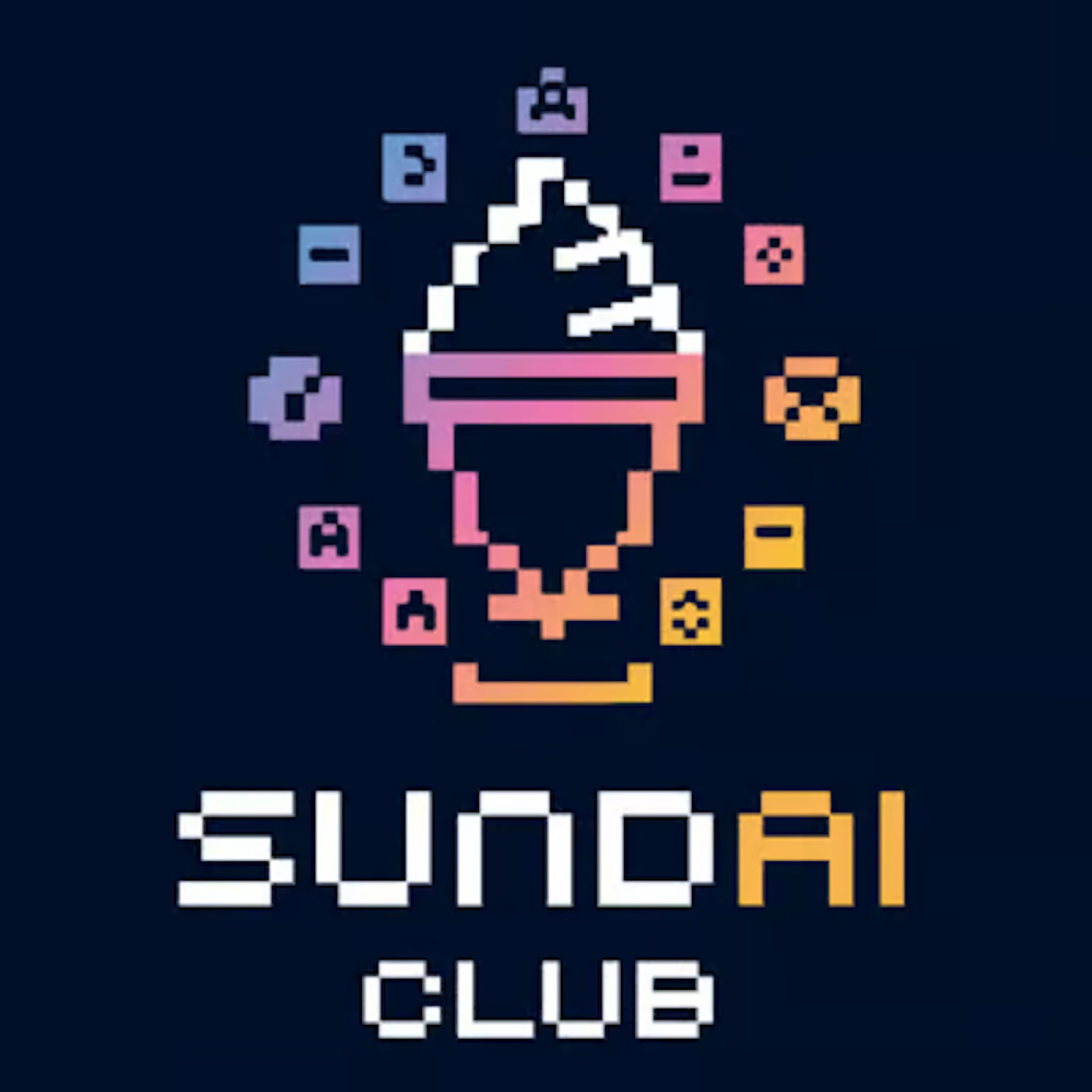 (Logo) A pixel-art style logo featuring an ice cream sundae in a cup with a white top and a colorful gradient body, surrounded by small abstract pixelated icons. Below the graphic, the text "SUNDAI CLUB" is displayed in a pixelated font, all set against a dark blue background. Text: SUNDAI CLUB Colors: #1A1A32, #FFFFFF, #E06C9F, #A085F0, #E0C092 Note: The image combines a distinct graphic element (the pixelated sundae and icons) with a clear brand name ('SUNDAI CLUB') in a stylized manner, functioning as an identifying mark for an entity, which is the primary characteristic of a logo.