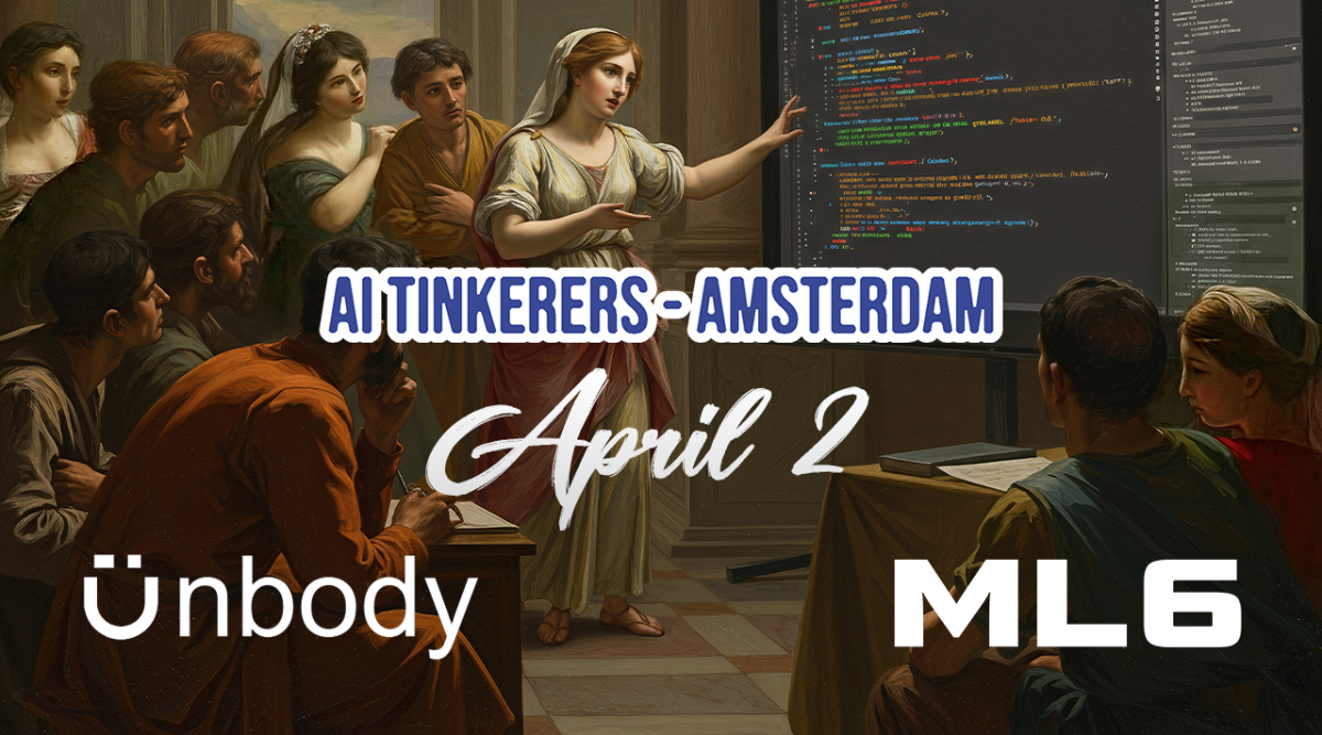 This image is a digitally altered painting depicting a scene reminiscent of a classical art piece, but with modern elements like code on a screen and text promoting "AI Tinkerers - Amsterdam, April 2", "Ünbody", and "ML6". It blends classical art style with modern technology and event promotion.. Text: AI TINKERERS-AMSTERDAM
April 2
Ünbody
ML6