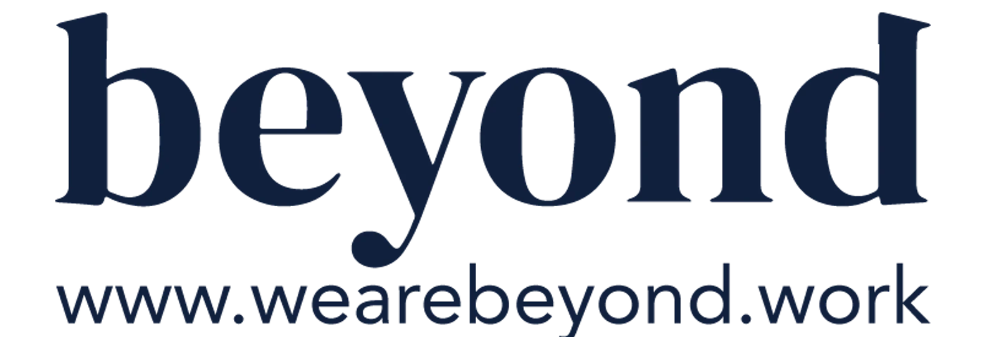 (Logo) A minimalist logo featuring the word 'beyond' in a dark blue serif font, with the website 'www.wearebeyond.work' in a smaller sans-serif font below it, all set against a black background. Text: beyond www.wearebeyond.work Colors: #212F4D, #000000 Note: The image consists of a stylized company name and an associated website, designed for brand identification and representation, which are the primary characteristics of a logo.