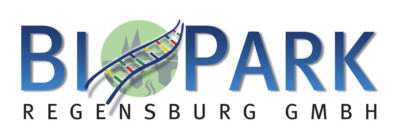 (Logo) The image displays a logo for 'BIOPARK REGENSBURG GMBH', featuring a stylized text in blue gradient and black, accompanied by a graphic element of a green circle with a DNA helix. Text: BIOPARK REGENSBURG GMBH Colors: #0056B3, #000000, #A0D080, #004080 Note: This image is clearly designed for brand identification, combining a company name with a distinctive graphic, which is the primary function of a logo.
