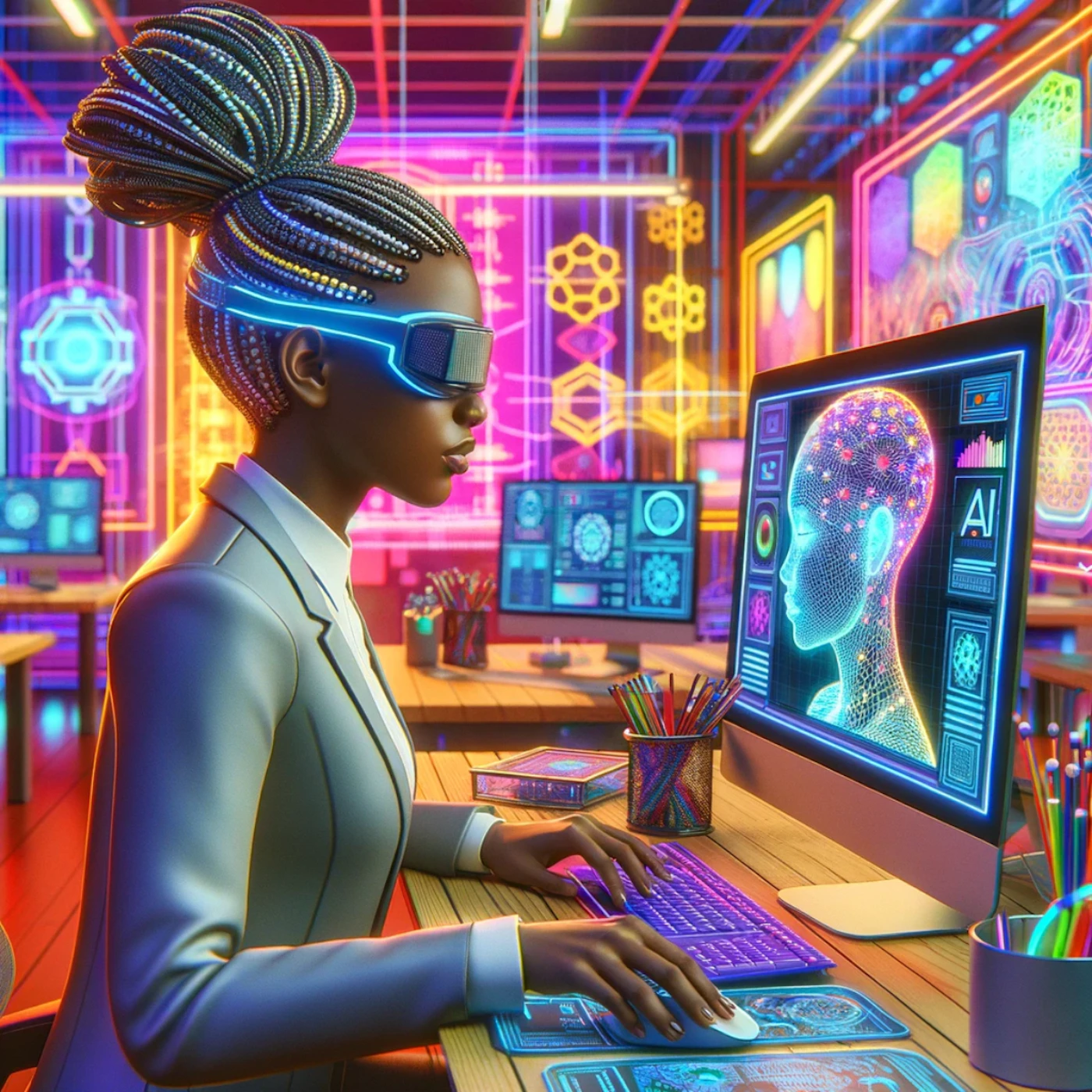 (Illustration) A woman wearing futuristic glasses works at a computer in a neon-lit room, with a wireframe head displayed on the screen. Text: AI 3D | Colors: #00ffff, #ff00ff, #ffa500 Note: The image is a digitally created artwork depicting a futuristic scene, therefore it is best classified as an illustration.