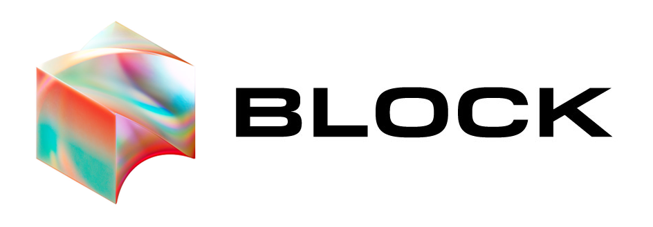 (Logo) A logo featuring a colorful, abstract 3D shape resembling a distorted cube or block, positioned to the left of the bold, black text 'BLOCK' on a white background. Text: BLOCK Colors: #000000, #FF6E53, #00C8C8, #E060E0 Note: The image combines a distinctive graphic element with a brand name in text, which is characteristic of a corporate or product logo designed for identification.