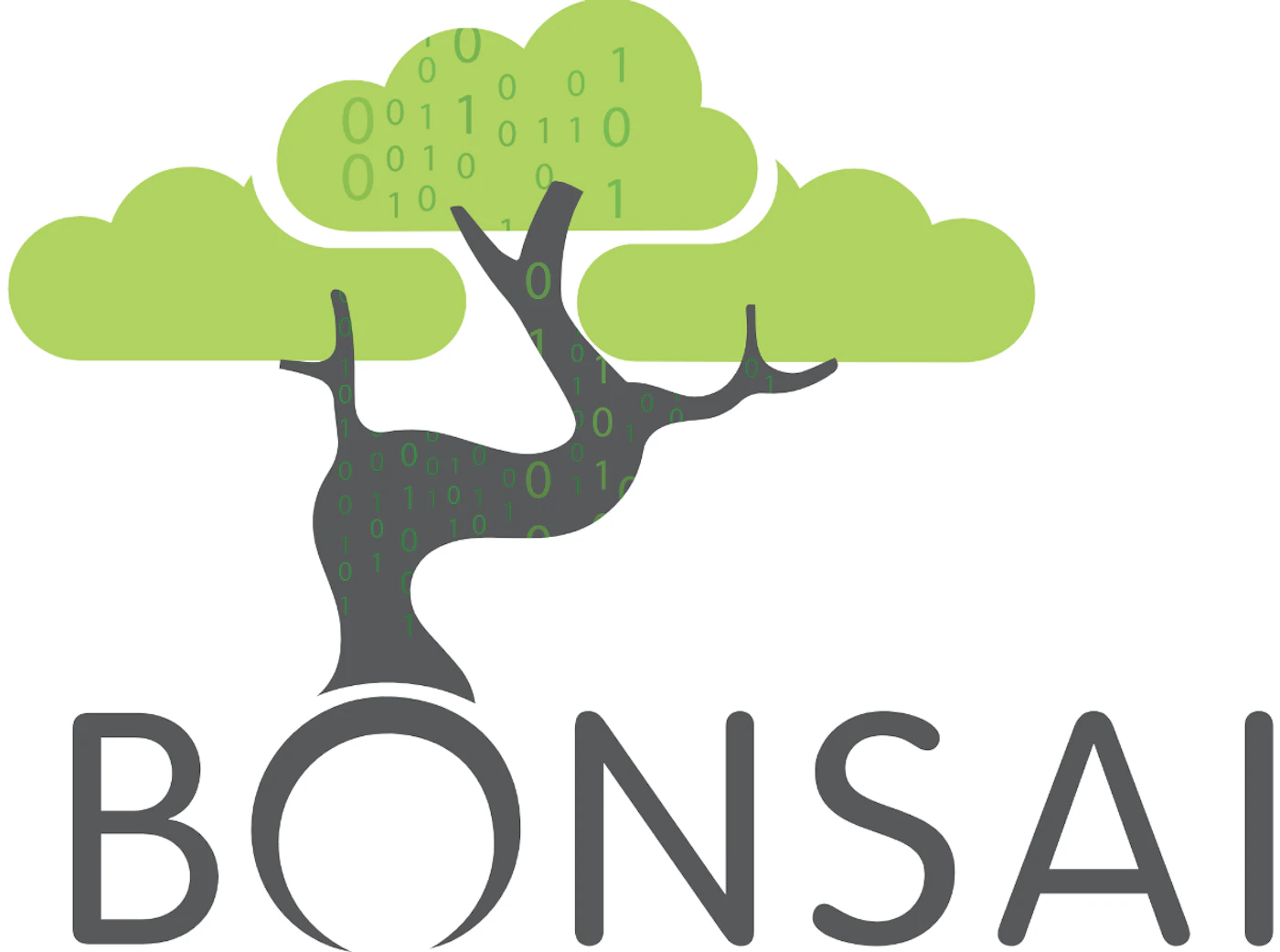 (Logo) The image displays a logo featuring a stylized tree with green foliage and a dark grey trunk. The trunk and part of the foliage are overlaid with green binary code, and the word 'BONSAI' is written below the tree, with its 'O' integrated into the tree's base. Text: BONSAI Colors: #8BC34A, #545454, #70B438, #FFFFFF Note: This image is clearly a brand mark, combining a distinctive graphic element (the stylized tree with binary code) with a brand name ('BONSAI'). Its purpose is to identify a company or product, which is the definition of a logo.