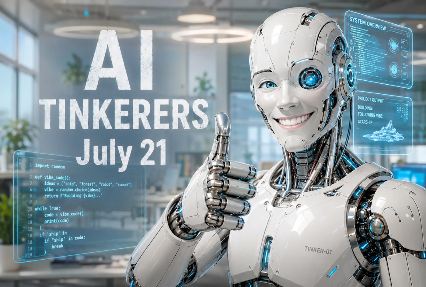(Banner) A futuristic promotional banner featuring a smiling white humanoid robot giving a thumbs-up in an office, accompanied by holographic code displays and event details. Text: AI TINKERERS July 21 SYSTEM OVERVIEW PROJECT OUTPUT BUILDING: FOLLOWING VIBE: STARSHIP import random def vibe_code(): ideas = ["ship", "forest", "robot", "sunset"] vibe = random.choice(ideas) return f"Building {vibe}..." while True: code = vibe_code() print(code) if 'ship' in code: break TINKER-01 Futuristic 3D digital art. | Colors: #FFFFFF, #38B0FF, #D1D5DB Note: Classified as a banner because it features prominent promotional event text overlaid on a themed graphic background.