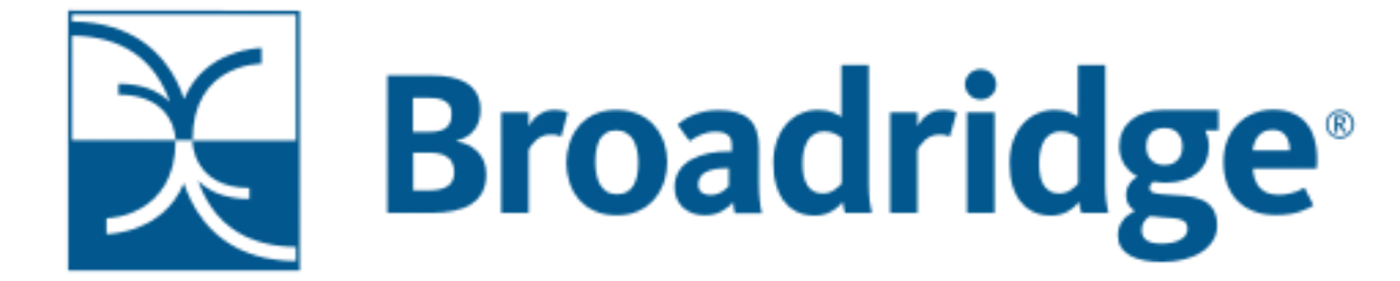 (Logo) A blue logo for 'Broadridge' featuring a stylized graphic symbol next to the company name, set against a black background. Text: Broadridge Colors: #00569e, #000000 Note: This image is identified as a logo because it combines a unique graphic symbol with a company name, designed for brand identification and recognition.