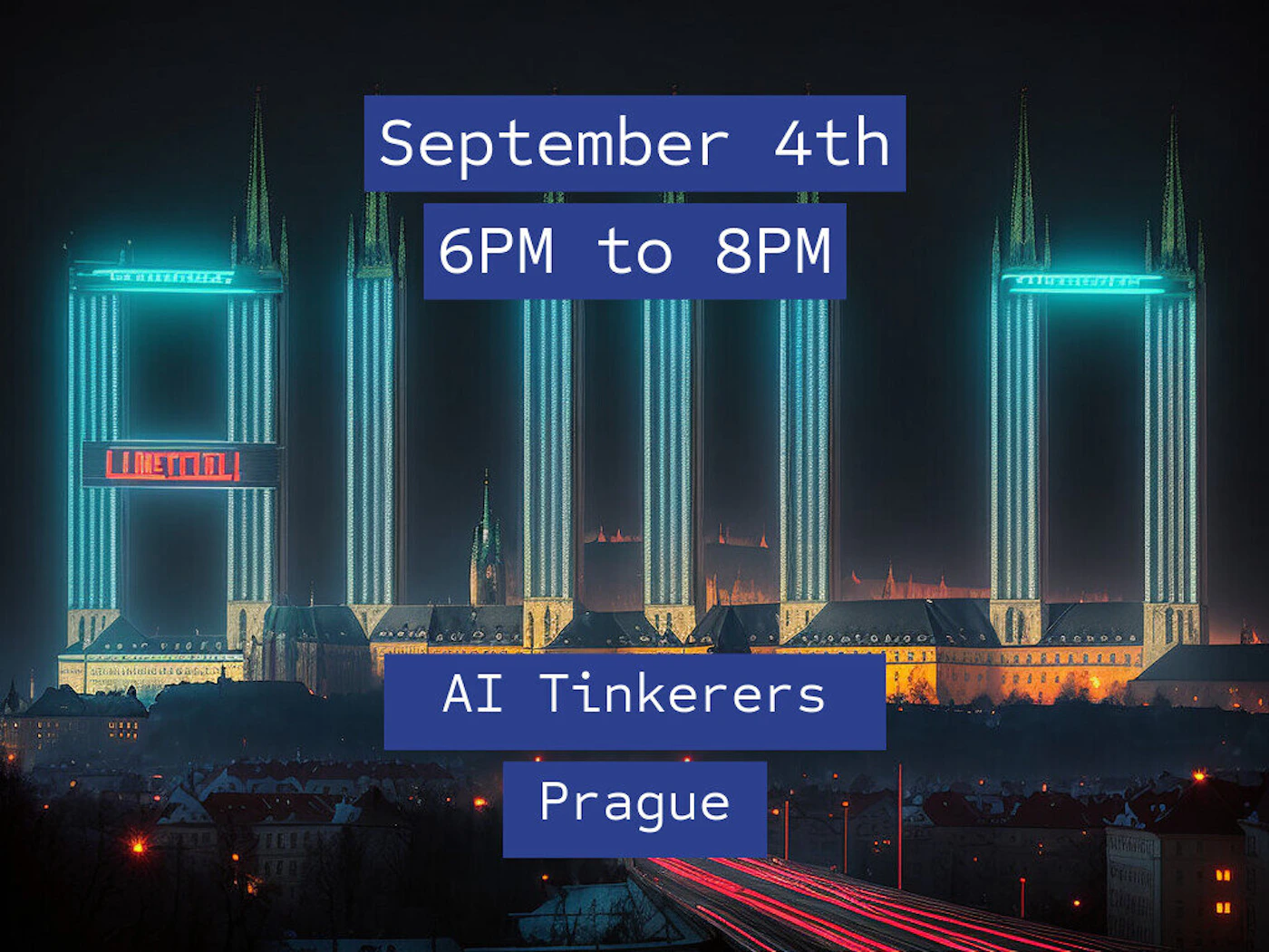 (Banner) A promotional banner advertising an 'AI Tinkerers' event in Prague, featuring white text on dark blue blocks overlaid on a dramatic, dark night cityscape with glowing, futuristic architectural structures. Text: September 4th 6PM to 8PM AI Tinkerers Prague LIONETTLI LI METTLI! Dark, high-contrast, futuristic, modern typography. | Colors: #000000, #FFFFFF, #192777, #00FFFF Note: The image's primary function is to convey event details using highly visible, structured text blocks placed over a striking photographic background, characteristic of a digital banner or flyer.