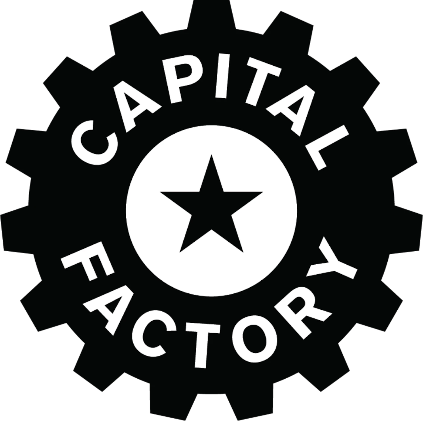 (Logo) A black and white logo featuring the words 'CAPITAL FACTORY' arranged in an arc within a gear shape, with a black star centered in a white circle. Text: CAPITAL FACTORY Colors: #000000, #FFFFFF Note: This image is a stylized graphic combining text and a distinct symbol (a gear and a star) to represent a brand or organization, which is the primary characteristic of a logo.