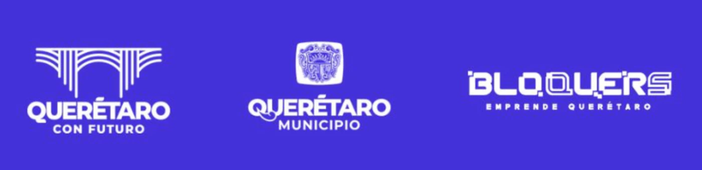 (Logo) A set of three white logos related to the city of Querétaro, Mexico, displayed horizontally on a solid blue background. Text: QUERÉTARO CON FUTURO QUERÉTARO MUNICIPIO BLOQUERS EMPRENDE QUERÉTARO Colors: #3F32E5, #FFFFFF Note: The image features a series of corporate and municipal logos with distinct graphic icons and brand names.