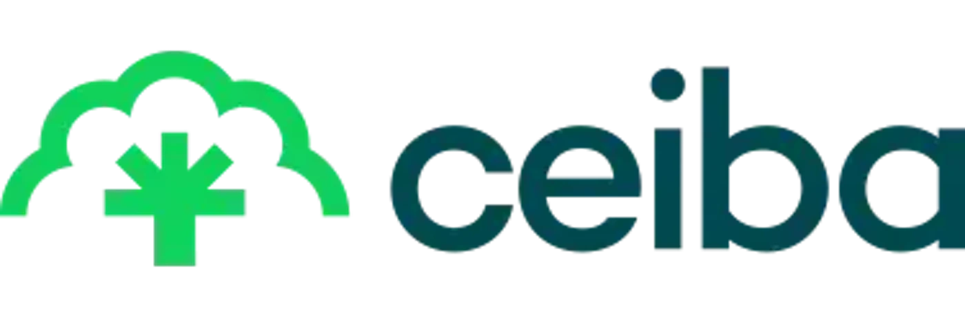 (Logo) The image displays a modern logo featuring a stylized, pixelated green graphic resembling a tree or plant on the left, alongside the word 'ceiba' in a gradient teal-blue sans-serif font on the right. The logo is set against a dark, likely transparent, background. Text: ceiba Colors: #33FF33, #00B2B2, #006666 Note: The image combines a distinct graphic symbol with a brand name in a specific font and color scheme, which is characteristic of a corporate or product logo designed for brand identification.