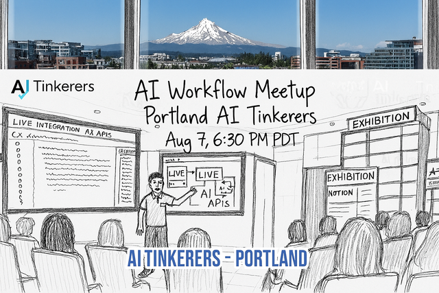 The image is a promotional graphic for an 'AI Workflow Meetup' by 'Portland AI Tinkerers'. It features a composite design with a photographic view of a city skyline and a snow-capped mountain through a window at the top, and a hand-drawn illustration of a presentation room with a speaker and audience at the bottom, overlaid with event details.. Text: AI Tinkerers AI Workflow Meetup Portland AI Tinkerers Aug 7, 6:30 PM PDT LIVE INTEGRATION AX APIS CX [unreadable] CREATION LIVE LIVE AI APIS EXHIBITION EXHIBITION NOTION AI TINKERERS - PORTLAND
