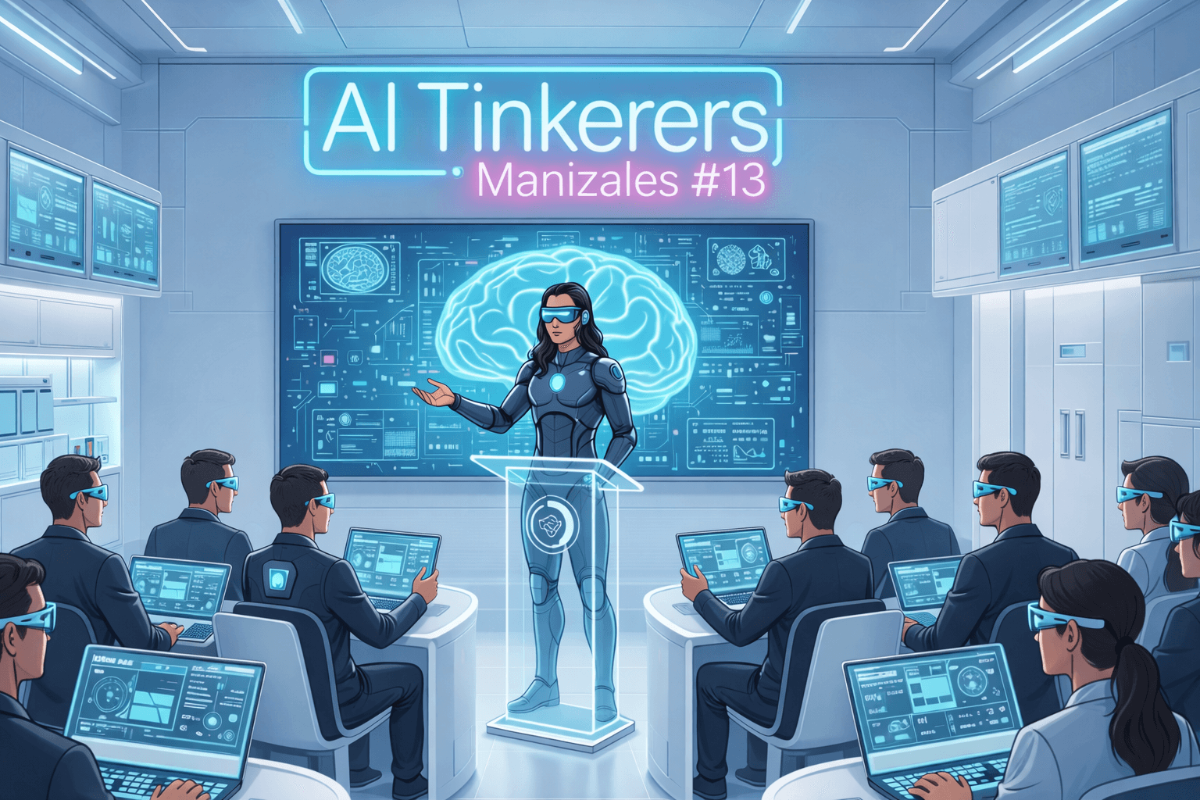 A digital illustration depicting a futuristic presentation where a woman in a high-tech suit and visor speaks to an audience of people also wearing visors and using laptops.. Text: AI Tinkerers
Manizales #13