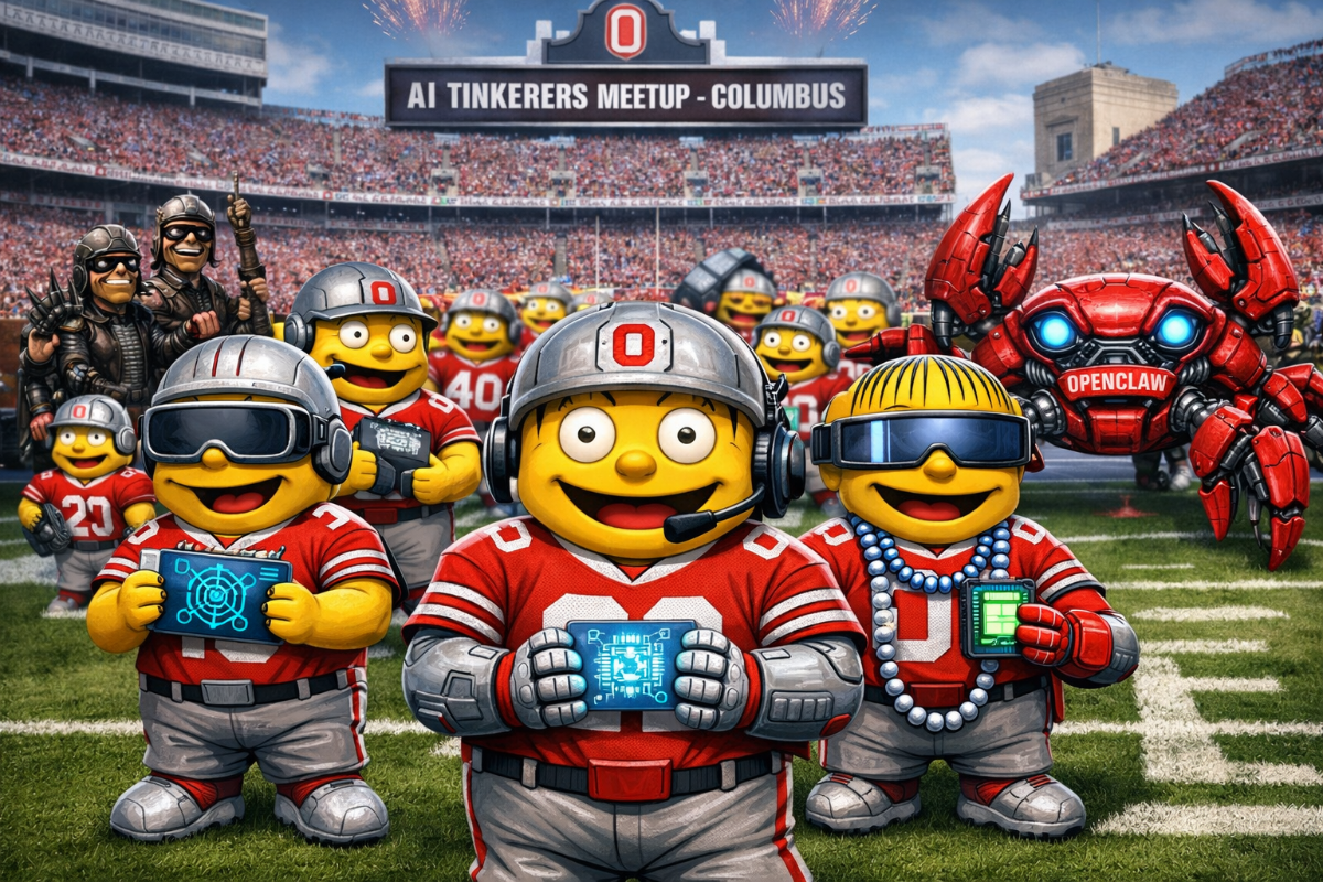 A vibrant, AI-generated illustration featuring yellow, Muppet-like characters wearing Ohio State football uniforms and tech gear in a crowded stadium for an 'AI Tinkerers Meetup'.. Text: AI TINKERERS MEETUP - COLUMBUS, O, OPENCLAW, 23, 40