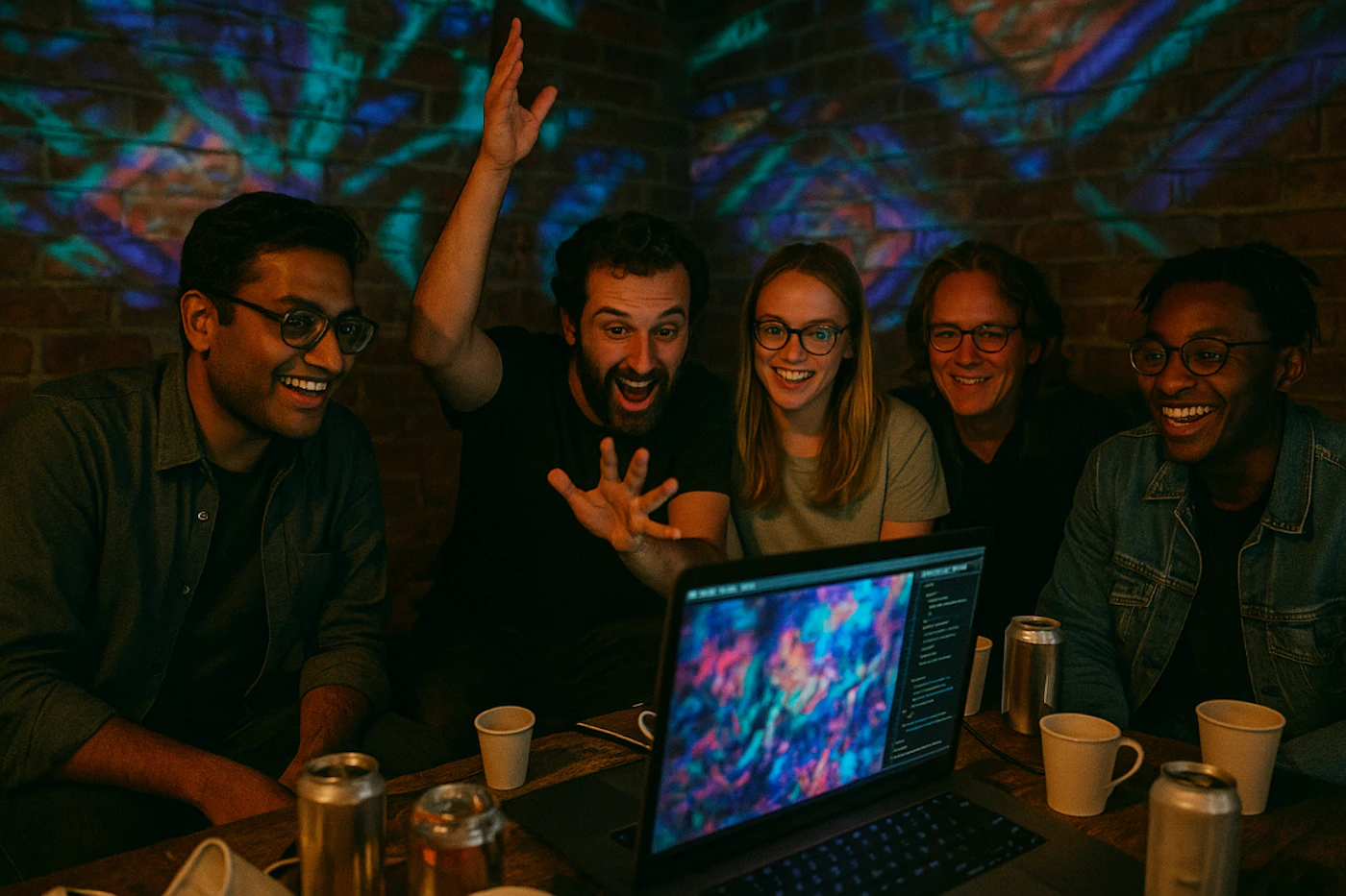 (Photo) A group of five diverse individuals, including men and women, are gathered around a laptop in a dimly lit room, looking at the screen with expressions of excitement and joy. Colorful, abstract patterns are projected onto the brick wall behind them, adding a vibrant atmosphere to the scene. group of people, social interaction, technology, abstract art | indoor, dimly lit room with brick walls | five people (three men, two women), diverse group, expressions of excitement/happiness, colorful light projections on the wall, laptop displaying an abstract image, cans and cups on the table | candid, low-light, vibrant accents | Colors: #2F4F4F, #8B4513, #00FFFF, #800080, #FFC0CB Note: This image is a photograph capturing a real-life moment with human subjects, a specific indoor setting, and various objects, which aligns perfectly with the 'photo' category.