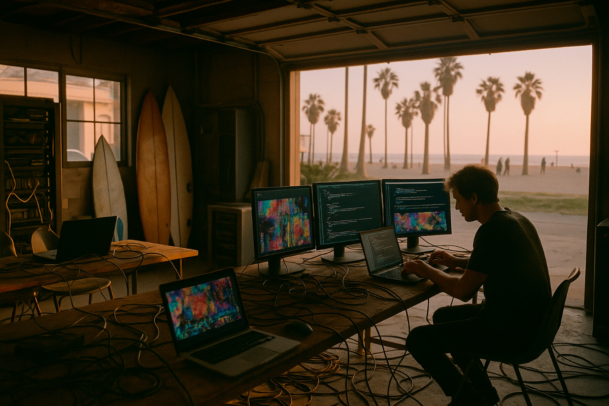 The image captures a person working intently on multiple computer screens and laptops inside what appears to be a dimly lit garage or workshop, with a large opening revealing a sunny beach scene with palm trees and people in the distance. Several surfboards are propped against a wall in the background.