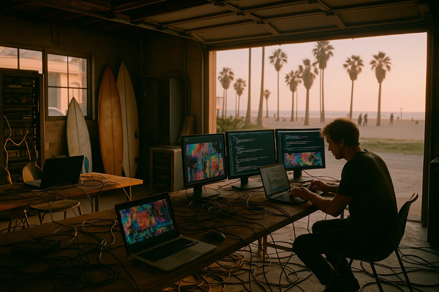 (Photo) The image captures a person working intently on multiple computer screens and laptops inside what appears to be a dimly lit garage or workshop, with a large opening revealing a sunny beach scene with palm trees and people in the distance. Several surfboards are propped against a wall in the background. A person working with computers, technology, and a beach environment. | Indoor (garage/workshop) with a large open view to an outdoor beach and ocean setting. | A man sitting at a desk with three computer monitors and two laptops, connected by a tangle of cables. Some screens display colorful abstract patterns, while others show lines of code. In the background, surfboards lean against a wall, and outside, numerous palm trees line a sandy beach with distant figures. | Candid or lifestyle photograph, with warm, golden hour lighting creating a moody yet inviting atmosphere. | Colors: #6C4E3D, #2C2C2C, #F0B080, #00A0B0 Note: The image is a realistic depiction of a scene, featuring a person, objects, and a landscape captured as they would appear in real life, characteristic of a photograph.