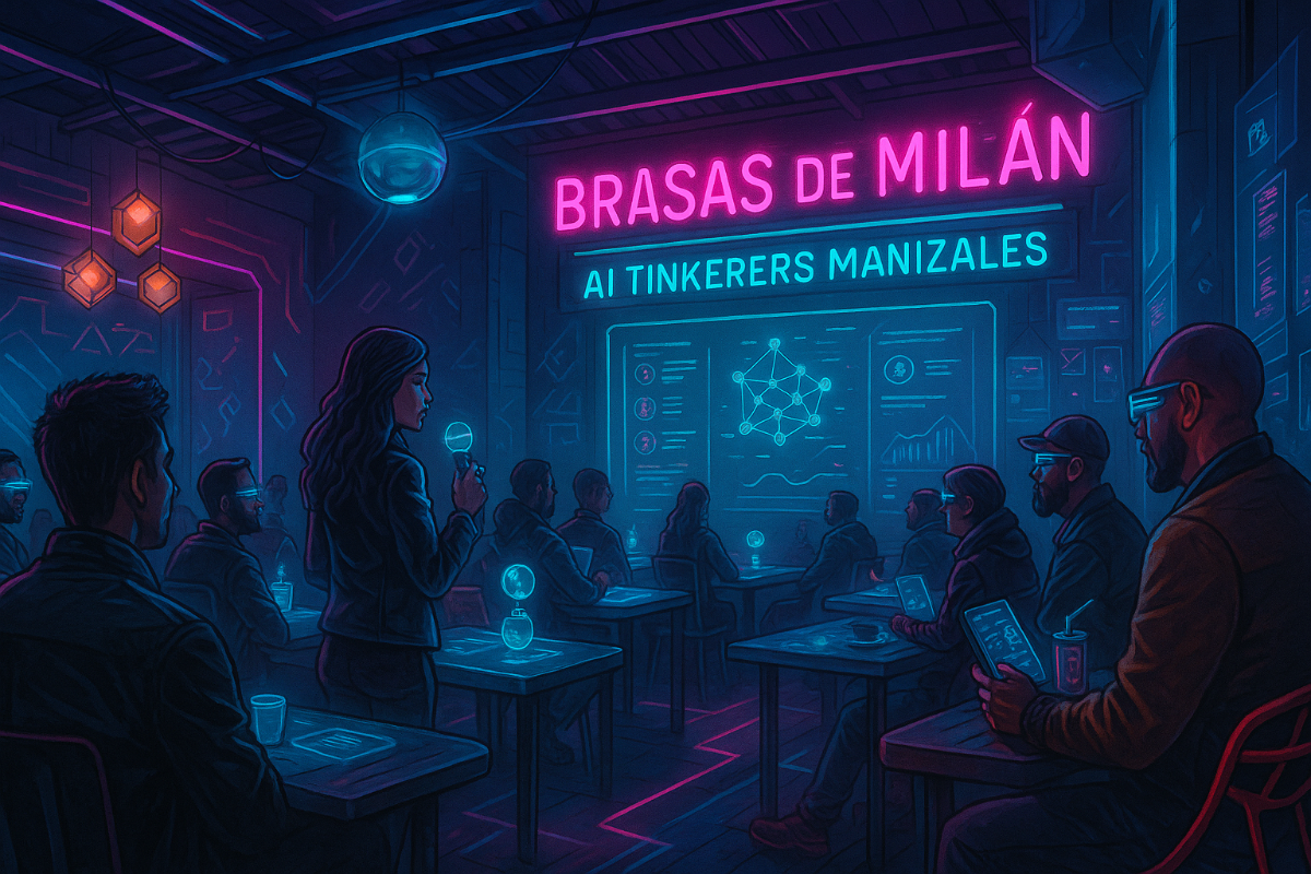 An illustration depicting a group of people gathered in a dimly lit, futuristic room, possibly a bar or a lecture hall, with neon lights. A woman is presenting in front of a large screen displaying diagrams and data, while attendees observe.. Text: BRASAS DE MILÁN
AI TINKERERS MANIZALES