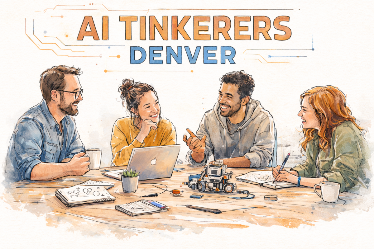 A watercolor-style illustration depicting four people sitting around a table, collaborating on technology projects, with the text 'AI TINKERERS DENVER' at the top.