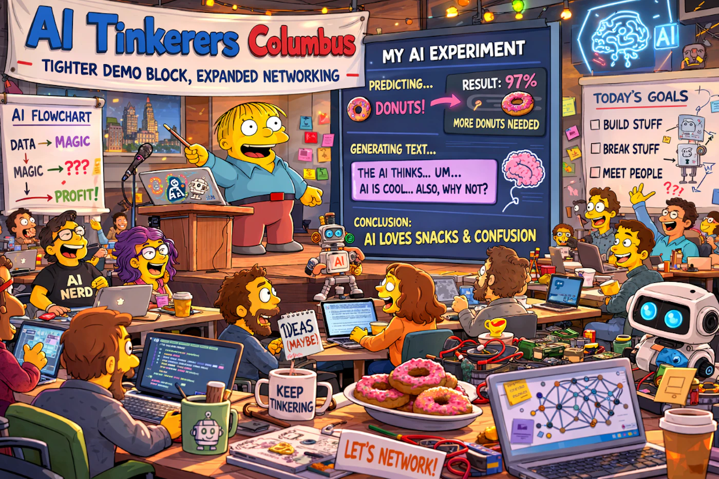 (Illustration) A vibrant cartoon illustration in the style of 'The Simpsons' depicting an 'AI Tinkerers Columbus' event where Ralph Wiggum presents a humorous AI experiment about donuts to a crowded room of tech enthusiasts. Text: AI Tinkerers Columbus - TIGHTER DEMO BLOCK, EXPANDED NETWORKING. AI FLOWCHART: DATA -> MAGIC, MAGIC -> ???, PROFIT! AI NERD. MY AI EXPERIMENT: PREDICTING... DONUTS!, RESULT: 97% MORE DONUTS NEEDED. GENERATING TEXT... THE AI THINKS... UM... AI IS COOL... ALSO, WHY NOT? CONCLUSION: AI LOVES SNACKS & CONFUSION. TODAY'S GOALS: BUILD STUFF, BREAK STUFF, MEET PEOPLE. IDEAS (MAYBE). KEEP TINKERING. LET'S NETWORK! Detailed digital illustration with flat colors and comic-style shading | Colors: #FFD90F, #0055A4, #ED1C24, #FF69B4 Note: The image is a digital drawing featuring characters and an art style clearly inspired by the animated television show 'The Simpsons'.