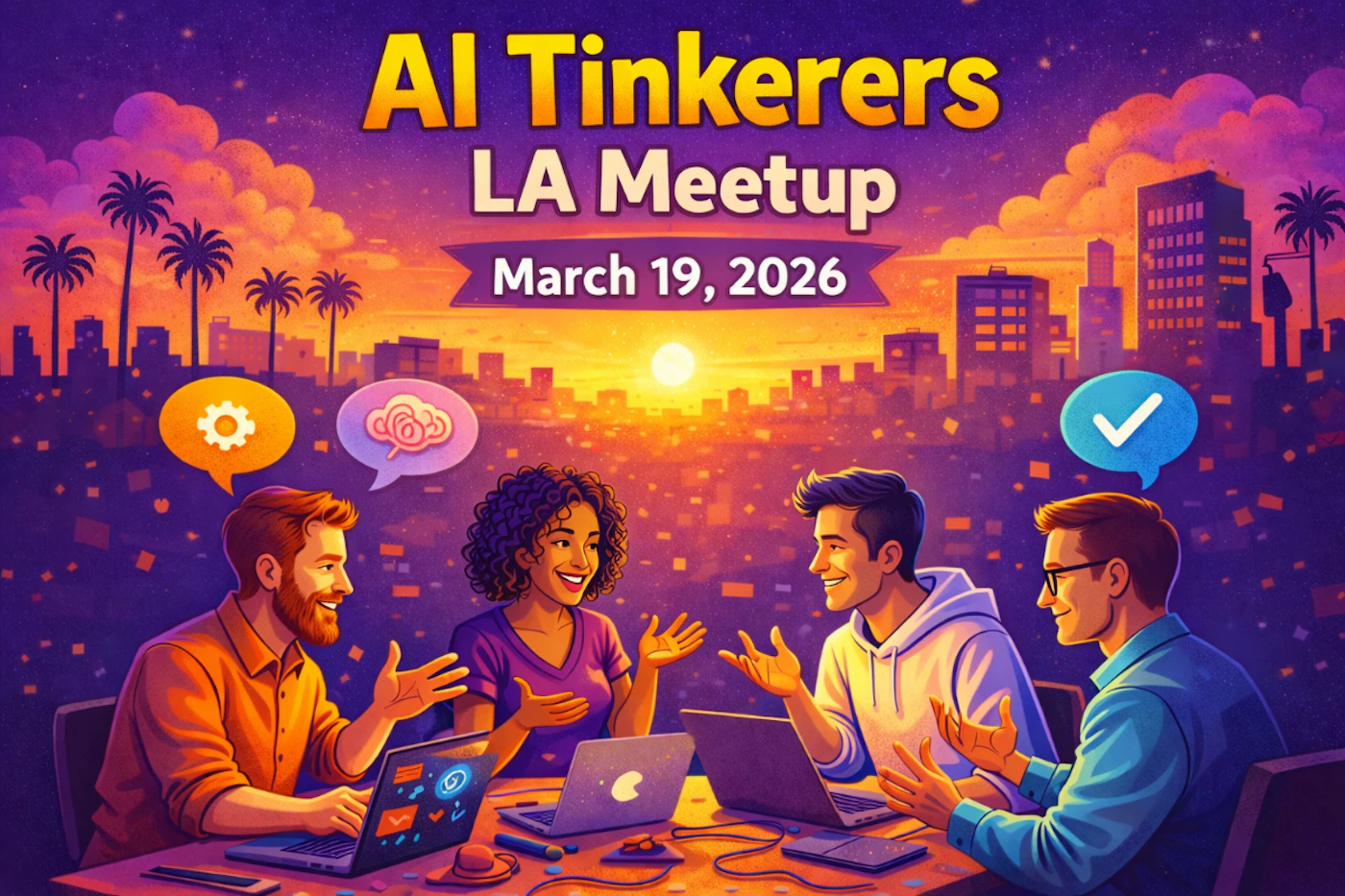 (Banner) A vibrant digital banner for the 'AI Tinkerers LA Meetup' scheduled for March 19, 2026, featuring four people collaborating around laptops against a Los Angeles sunset. Text: AI Tinkerers LA Meetup March 19, 2026 Vibrant digital illustration with a modern, tech-focused feel. | Colors: #4b2c82, #ff9d00, #ffd700, #7e57c2 Note: The image is designed as a promotional graphic for an event, featuring a clear headline, sub-headline, and date alongside thematic illustration.