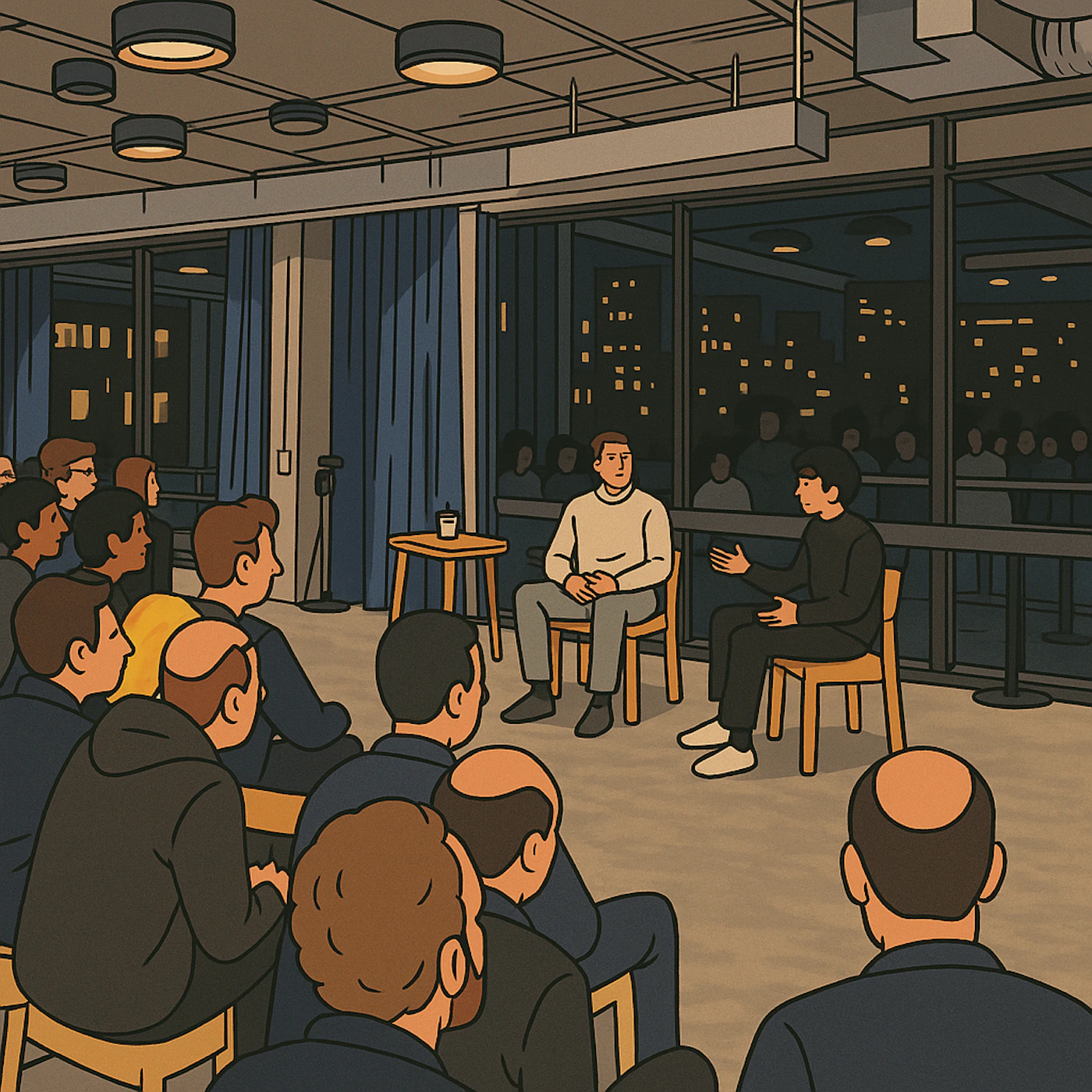 (Illustration) The image shows a cartoon illustration of a speaker giving a presentation to an audience in a modern, indoor setting. The scene is likely an interview or Q&A session, with a city skyline visible through the windows. flat | Colors: #F0E6D3, #333849, #D4A373 Note: The image is a stylized drawing with distinct outlines and flat colors, characteristic of an illustration. It depicts a scene rather than a real-life photograph.