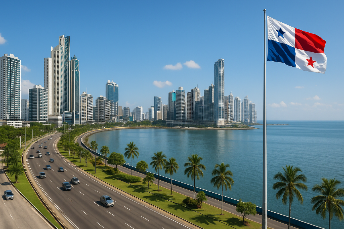 This is a scenic photo of Panama City, Panama, featuring a cityscape along the coast, a highway with cars, palm trees, and the Panamanian flag waving in the foreground.