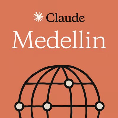 A square logo or icon featuring the text 'Claude Medellin' above a stylized, hand-drawn wireframe globe, set against a solid terracotta background.