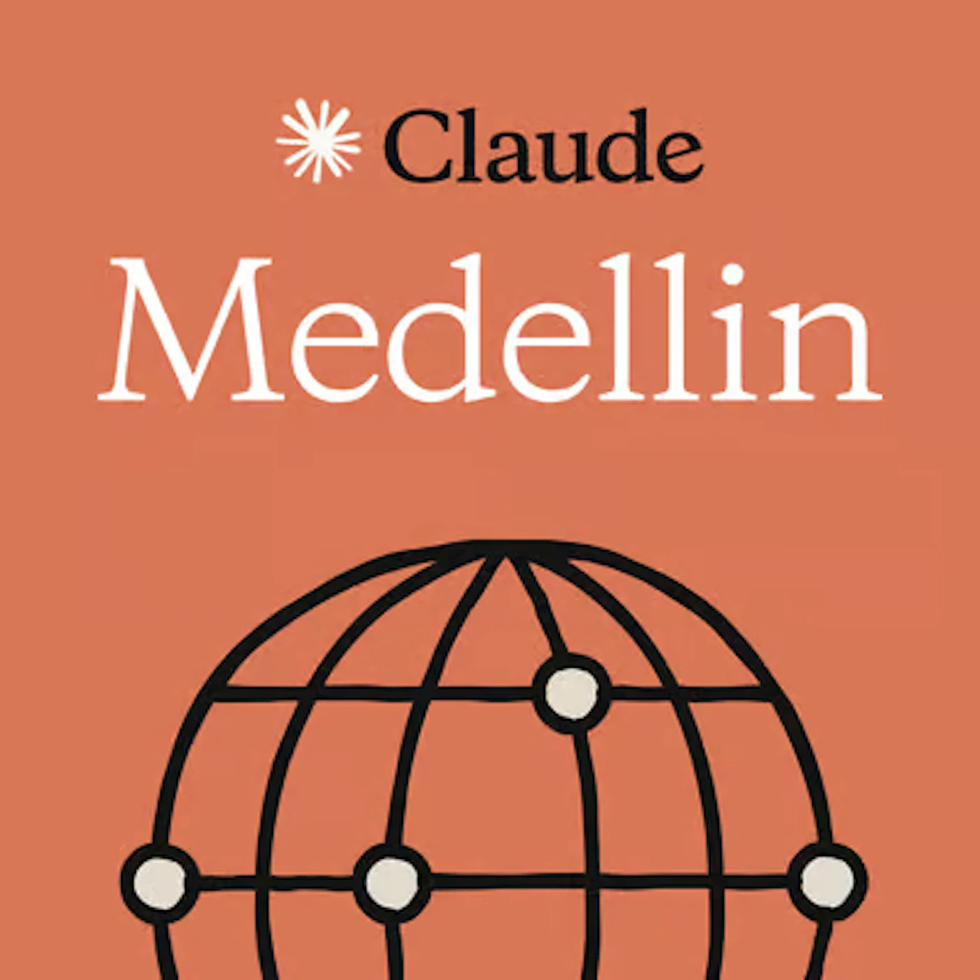 (Logo) A square logo or icon featuring the text 'Claude Medellin' above a stylized, hand-drawn wireframe globe, set against a solid terracotta background. Text: Claude Medellin Colors: #D3745C, #FFFFFF, #221E1F Note: The image functions as a distinct brand identifier or application icon, combining a brand name ('Claude') and a specific location ('Medellin') with a graphic element (the globe) in a square format.