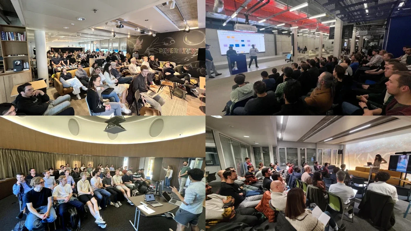 (Photo) A collage of four photographs showing various indoor tech-related presentations and community gatherings with groups of people. Text: DIVERSITY [unreadable] people attending presentations and events | indoor office and event spaces | large groups of people, presentation screens, laptops, and a 'DIVERSITY' mural | candid event photography | Colors: #f5f5f5, #2d2d2d, #8b4513, #4682b4 Note: The image is a collage of four distinct photographs capturing real-world events and people in indoor settings.