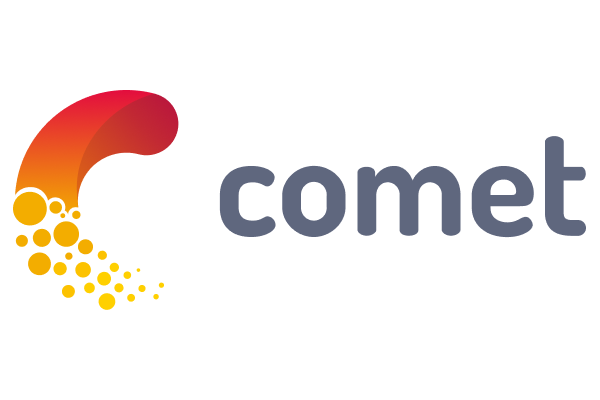(Logo) The image displays a modern logo featuring a stylized graphic element and the word 'comet'. The graphic element is a curved shape with a red to orange to yellow gradient, from which a trail of yellow and orange bubbles emanates. Text: comet #E23D3F | #F07E2E | #F9C000 | #545B65 | Colors: #E23D3F, #F07E2E, #F9C000, #545B65 Note: This image is clearly a brand identifier, combining a unique graphic symbol with a company name in a distinct typographic style, which are characteristics of a logo.